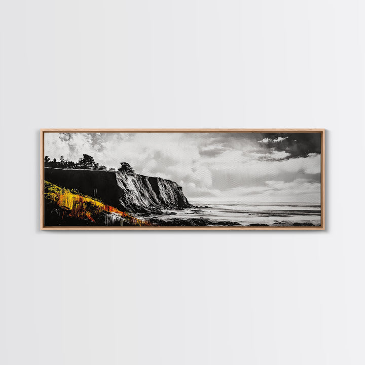 Coastal Cliff Painting, Black and White Seascape, Ocean View Artwork, Modern Nautical Decor, Beach House Wall Art, Framed Canvas Print