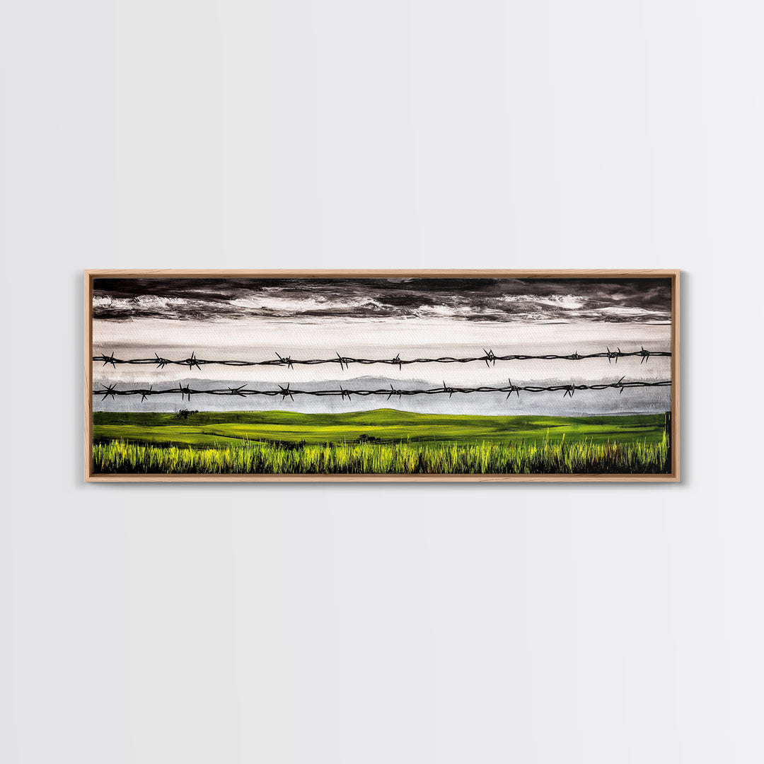 Barbed Wire Art, Rural Landscape Print, Farmhouse Wall Decor, Countryside Canvas Print, Rustic Living Room Art, Framed Canvas Print