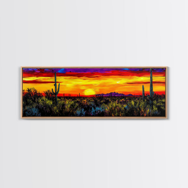 Desert Sunset Art, Vibrant Cactus Painting, Warm Boho Landscape, Southwestern Wall Decor, Bold Nature Print, Framed Canvas Print