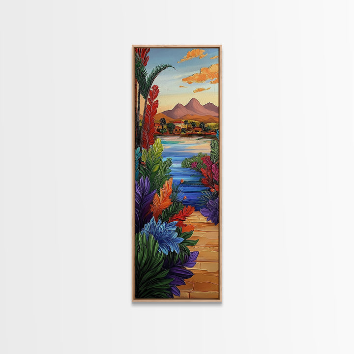 Path Garden, Village Painting, Framed Canvas Print, whimsical tropical pathway, village view, bold colorful foliage, hallway wall art, boho style