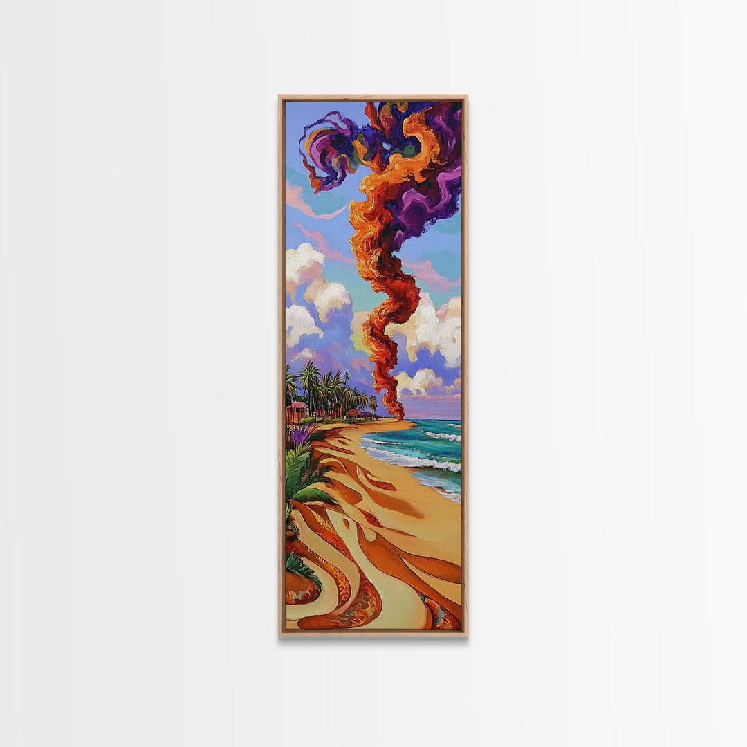 Coastal Smoke Vibes Art, Framed Canvas Print vibrant beach painting with purple and orange smoke, tropical sunset art, boho home decor