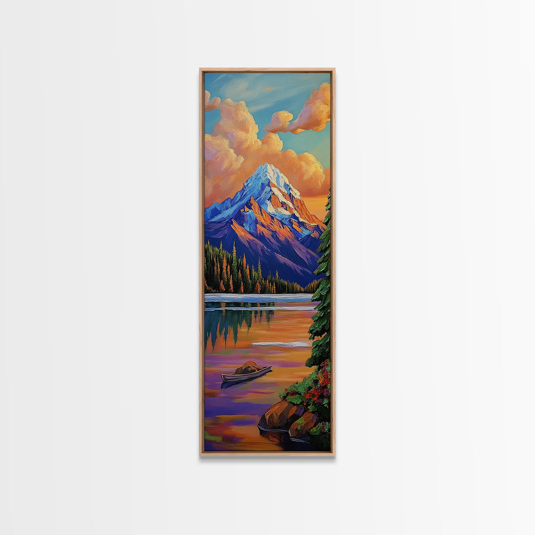 Mountain, Sunrise, Reflection, Nature Scene Framed Canvas Print, Rustic Cabin Decor, Autumn Wall Art, Living Room Mountain Landscape Painting