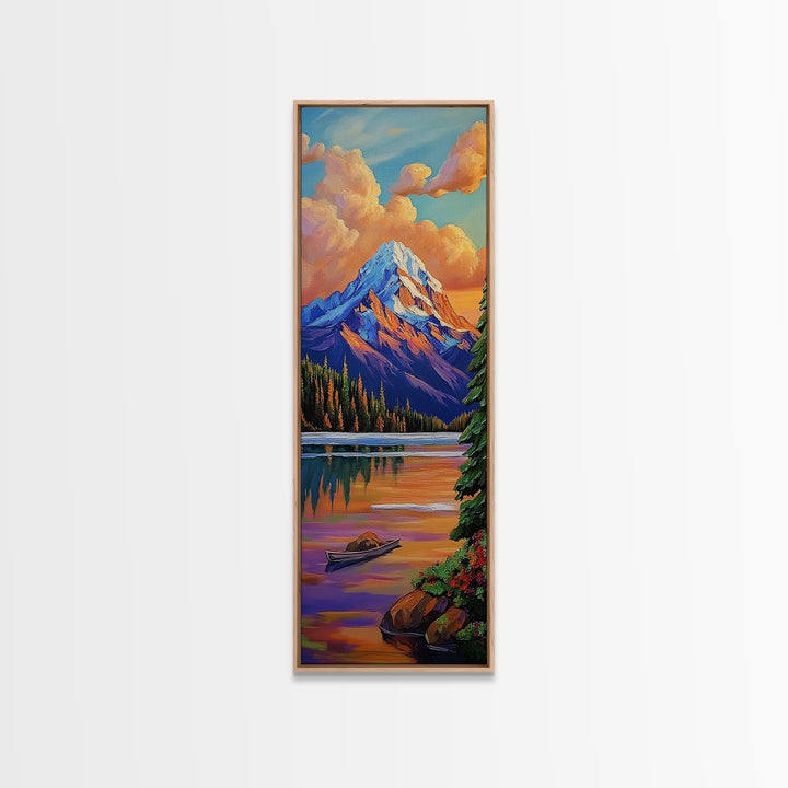 Mountain, Sunrise, Reflection, Nature Scene Framed Canvas Print, Rustic Cabin Decor, Autumn Wall Art, Living Room Mountain Landscape Painting