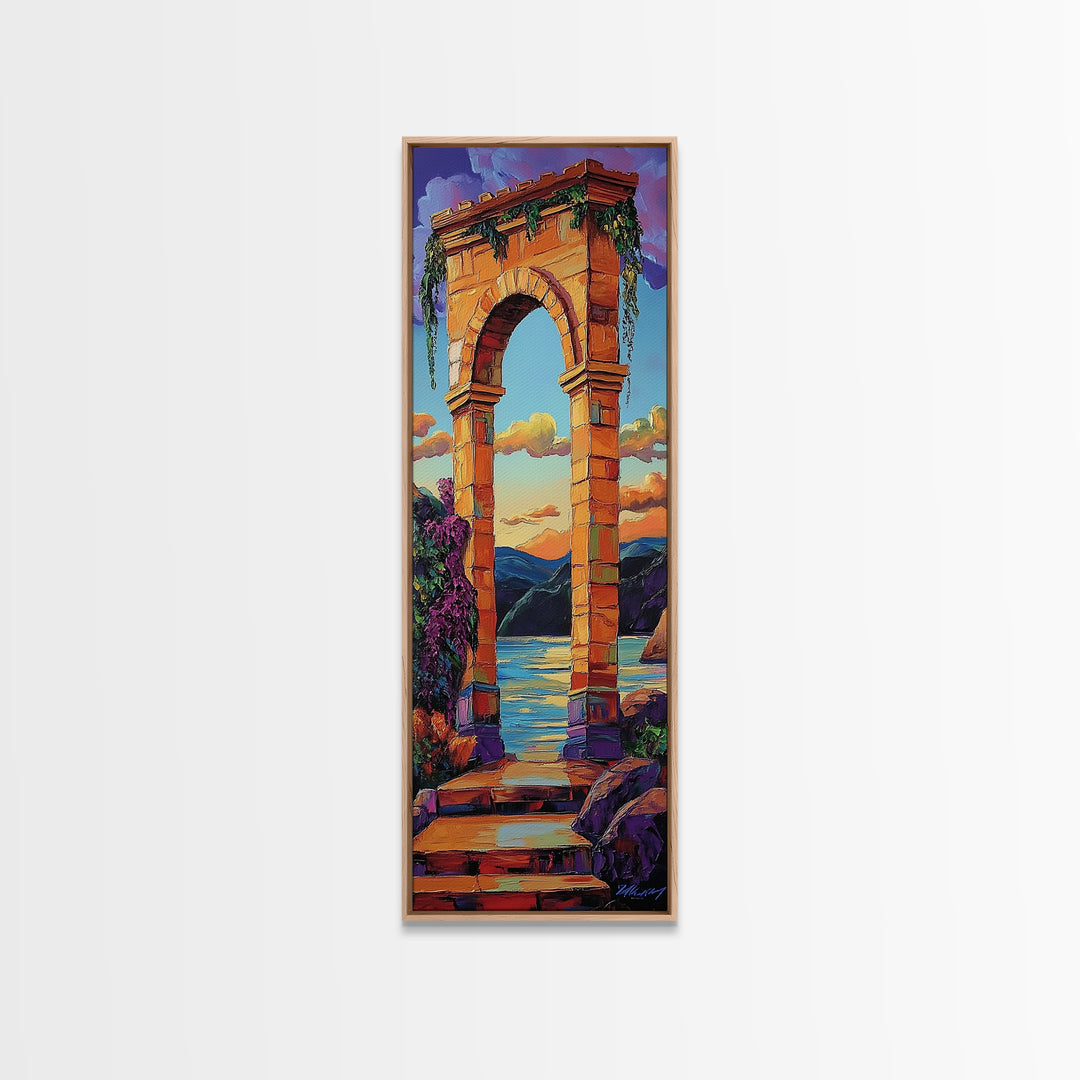 Archway, Sunset, Stone Portal, Dreamscape Framed Canvas Print, Mediterranean Wall Art, Spiritual Decor, Eclectic Entryway Accent, Sunset Painting