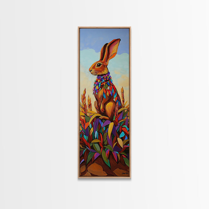 Rabbit, Autumn, Leaves, Field, Framed Canvas Print, Fall nursery wall art, woodland animal painting, whimsical harvest decor, colorful boho style