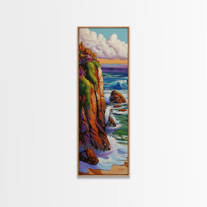 Cliff, Ocean, Waves, Nature, Framed Canvas Print of dramatic coastal waves, serene beach art, bathroom wall decor, ocean lover gift
