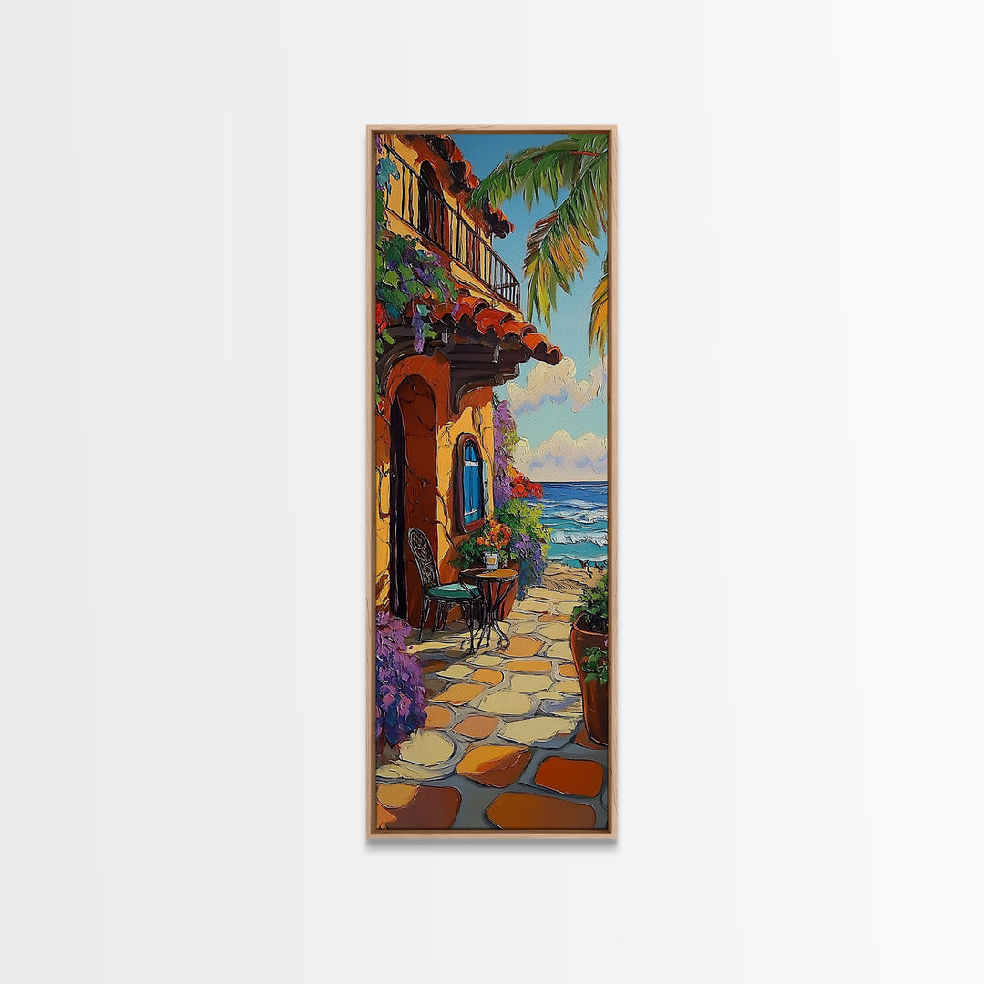 Patio, Ocean, Palm Trees, Tropical Coastal Balcony Framed Canvas Print, Boho Beach House Art, Outdoor Dining Wall Decor, Summer Vibes