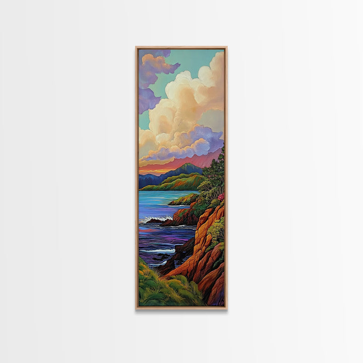 Coastal, Sunset, Cliffs, Horizon, Framed Canvas Print, Bold ocean view in painterly style, perfect Living Room Wall Art or Nature Inspired Decor