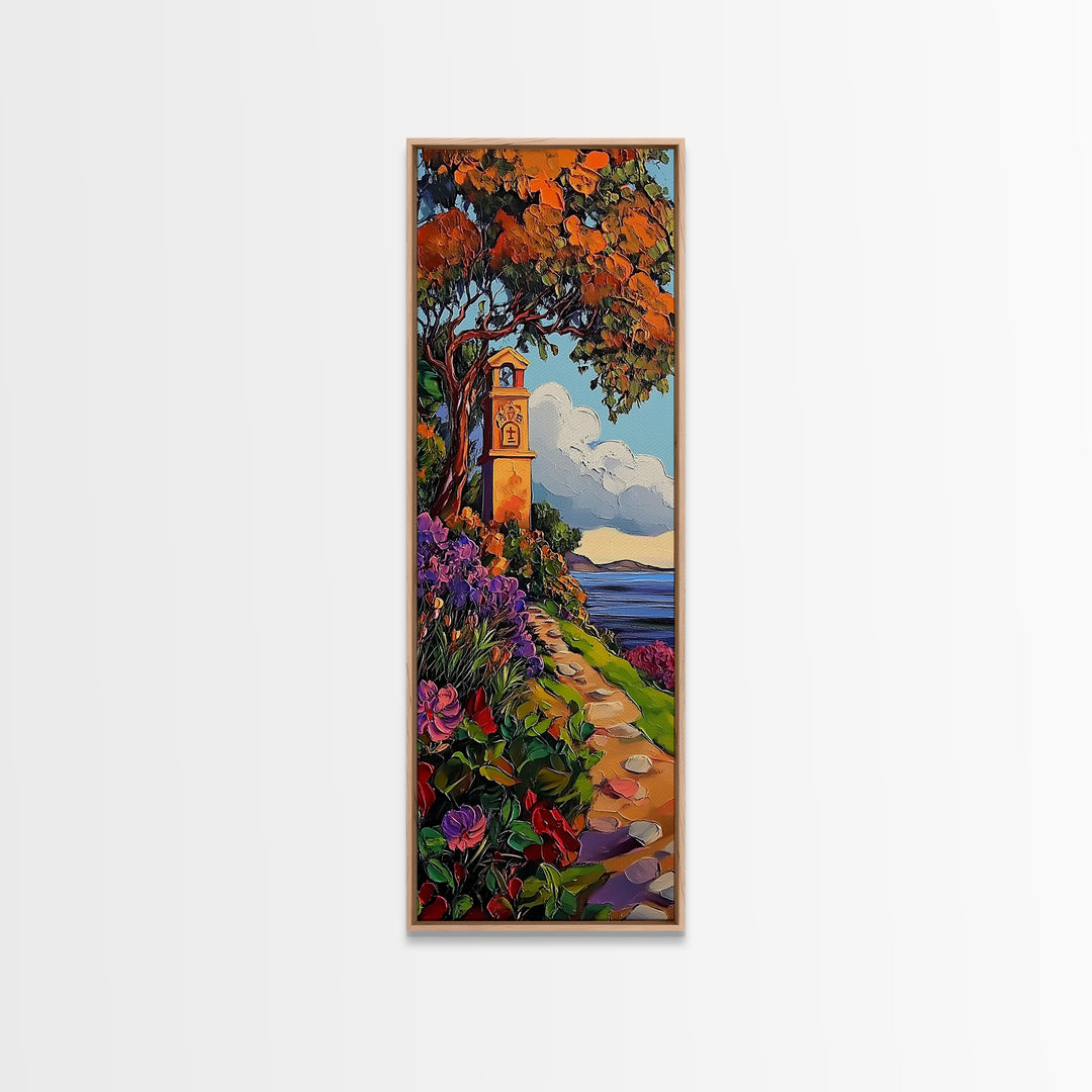 Coastal Bell Tower, Floral Pathway, Mediterranean Seaside Art, Vibrant Garden Style, Fall Home Accent, Framed Canvas Print