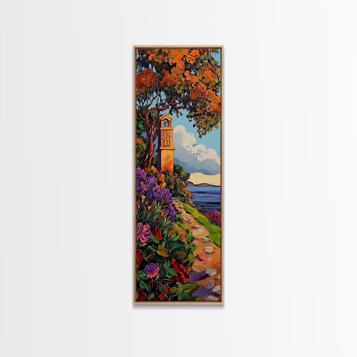 Coastal Bell Tower, Floral Pathway, Mediterranean Seaside Art, Vibrant Garden Style, Fall Home Accent, Framed Canvas Print