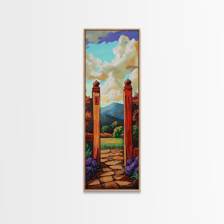 Country Gate, Meadow, Rustic Garden Landscape Framed Canvas Print, Farmhouse Wall Art, Autumn Entryway Decor, Peaceful Nature Scene