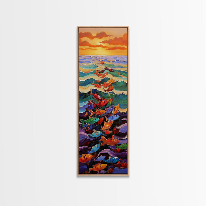 Ocean Journey, Colorful Fish, Sunrise Waves, Framed Canvas Print, vibrant coastal fish painting, kids room or nautical beach house art