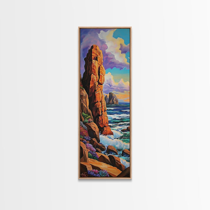 Coastal Cliffs, Ocean, Sunset, Framed Canvas Print, Bold coastal cliffs wall art, dramatic seascape beach decor, contemporary ocean painting