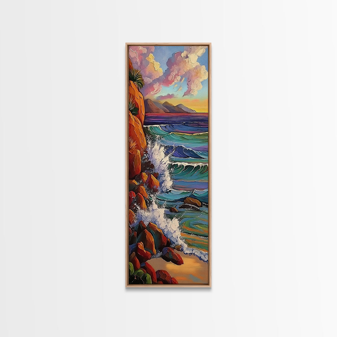 Ocean Cliffs, Sunset, Trees, Framed Canvas Print, Ocean cliffs wall art, glowing sunset scene, romantic coastal decor, entryway accent