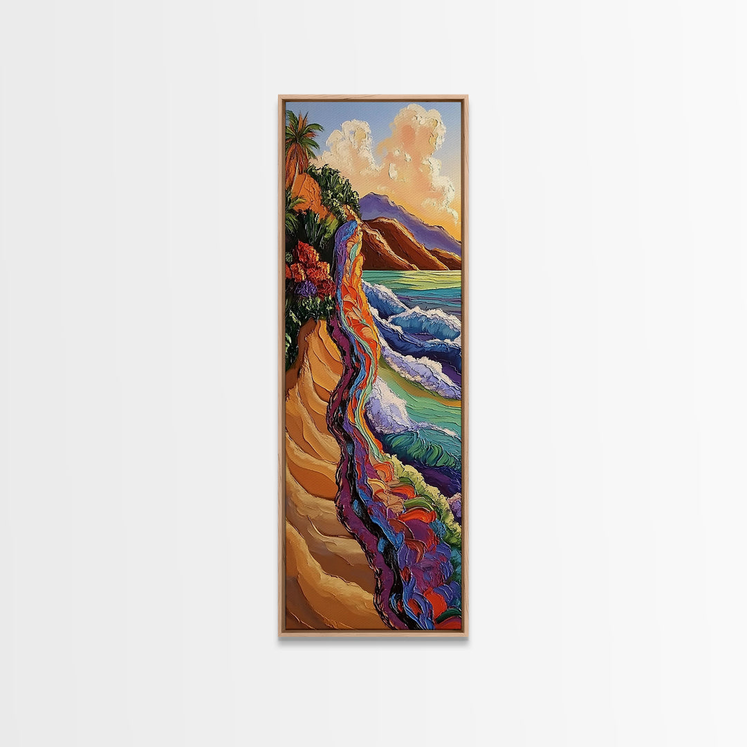 Cliffside Ocean, Rainbow, Waves – Canvas Print bold beach artwork, coastal living room art, tropical ocean scene, textured vibrant painting