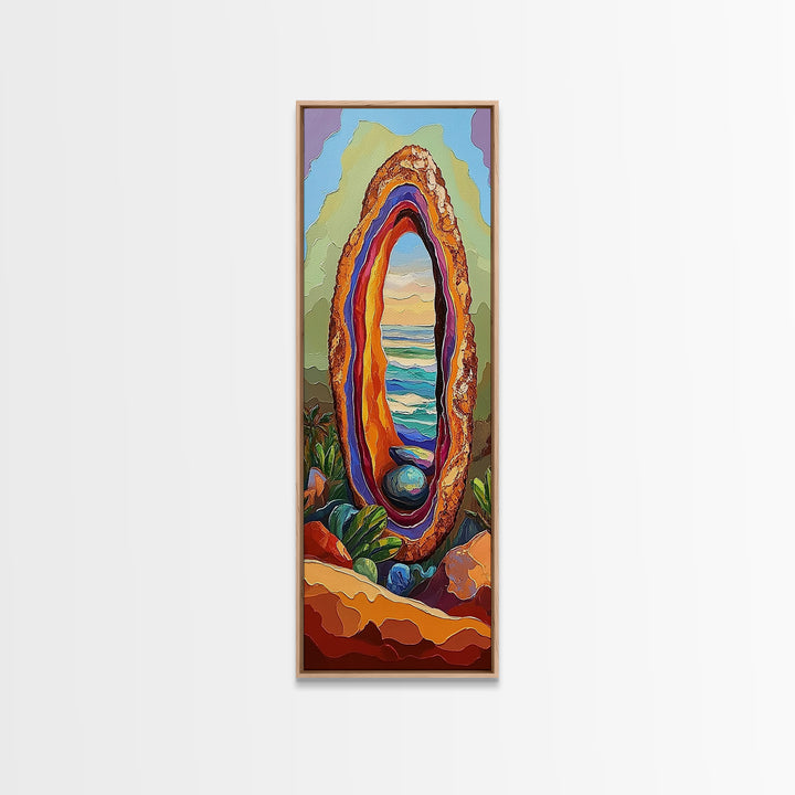 Ocean Portal, Geode Shell, Dreamy, Surreal Beach Art, Framed Canvas Print, Boho Bedroom Decor, Psychedelic Coastal Wall Art