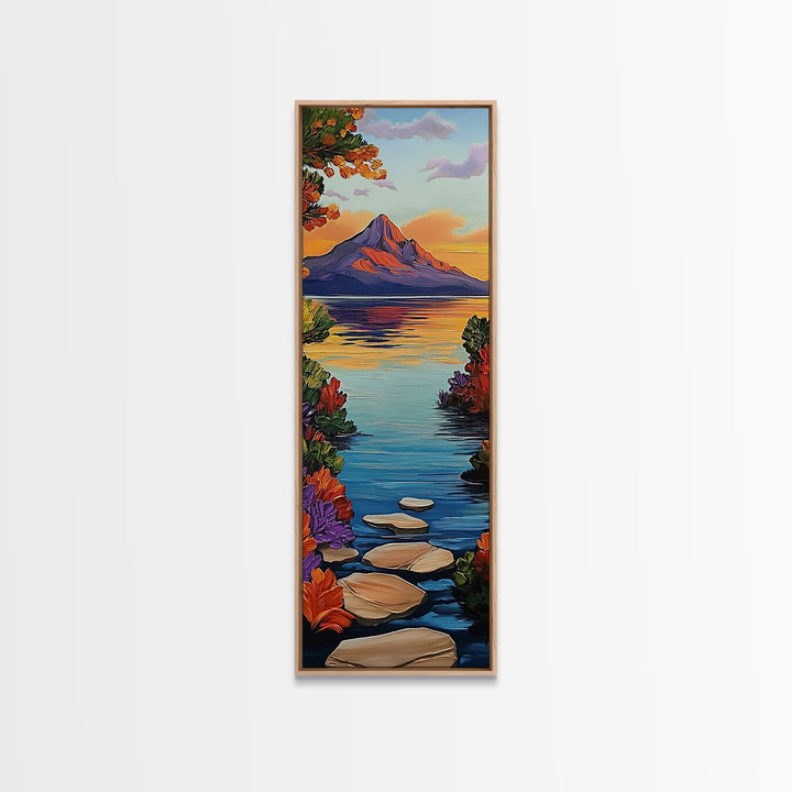 Pathway Lake, Mountains, Framed Canvas Print, Tranquil mountain lake trail painting with floral path, cabin wall art, rustic living room decor
