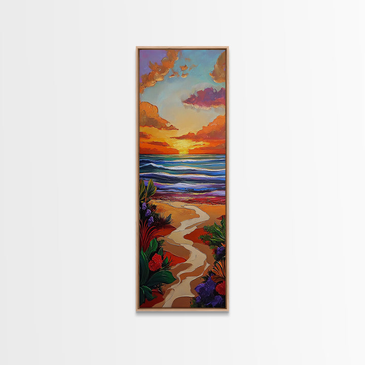 Path Beach, Sunset, Tropical Canvas Print scenic path to ocean wall decor, vibrant beach sunset artwork, tropical boho art, entryway art
