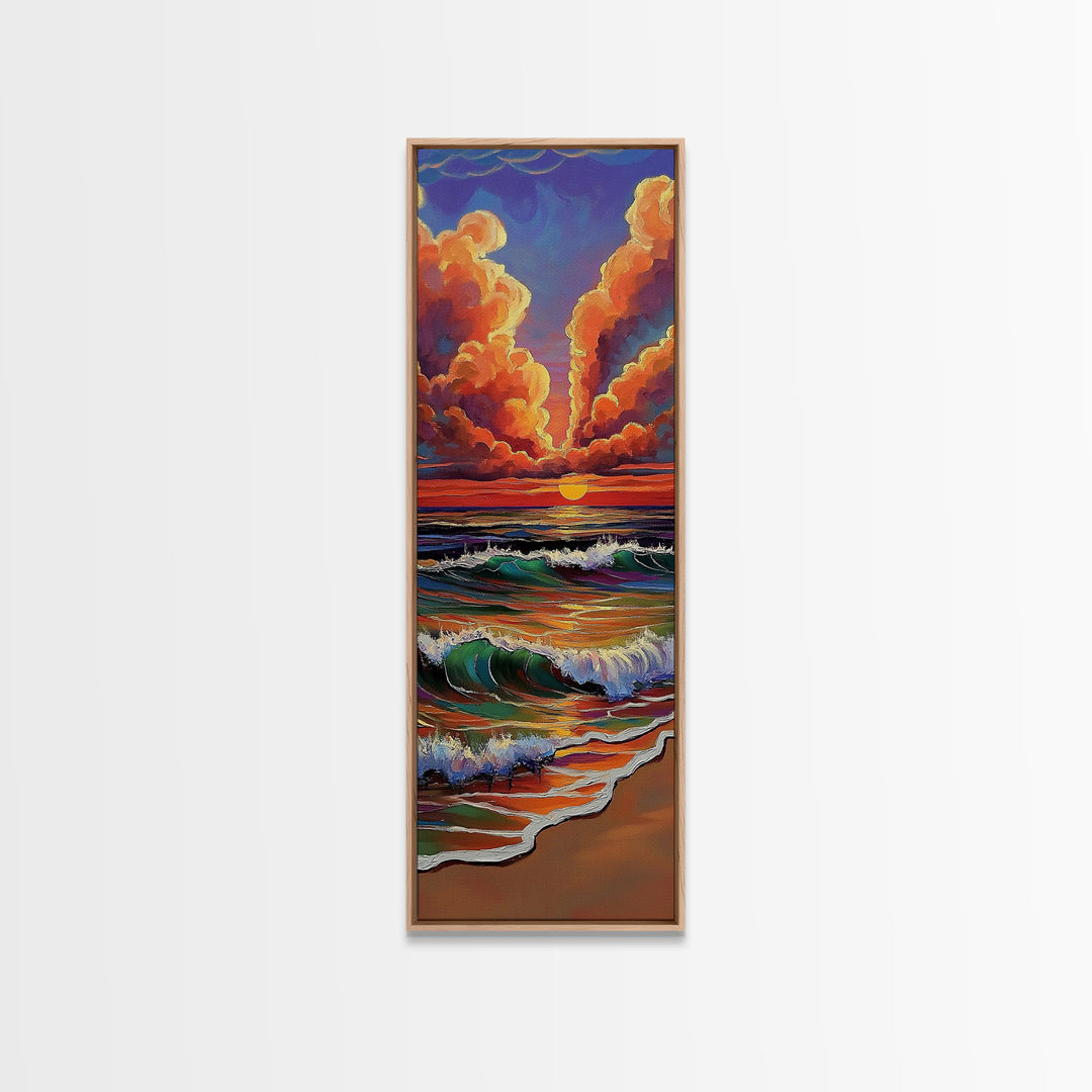 Ocean Sunset, Glow, Waves Framed Canvas Print glowing beach sunset wall art, vivid wave painting, warm coastal decor, boho beach house art