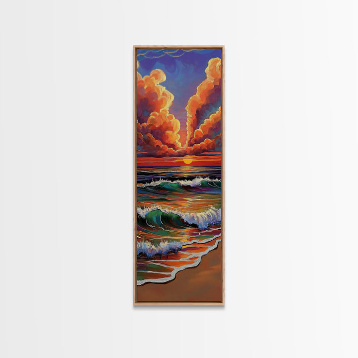 Ocean Sunset, Glow, Waves Framed Canvas Print glowing beach sunset wall art, vivid wave painting, warm coastal decor, boho beach house art