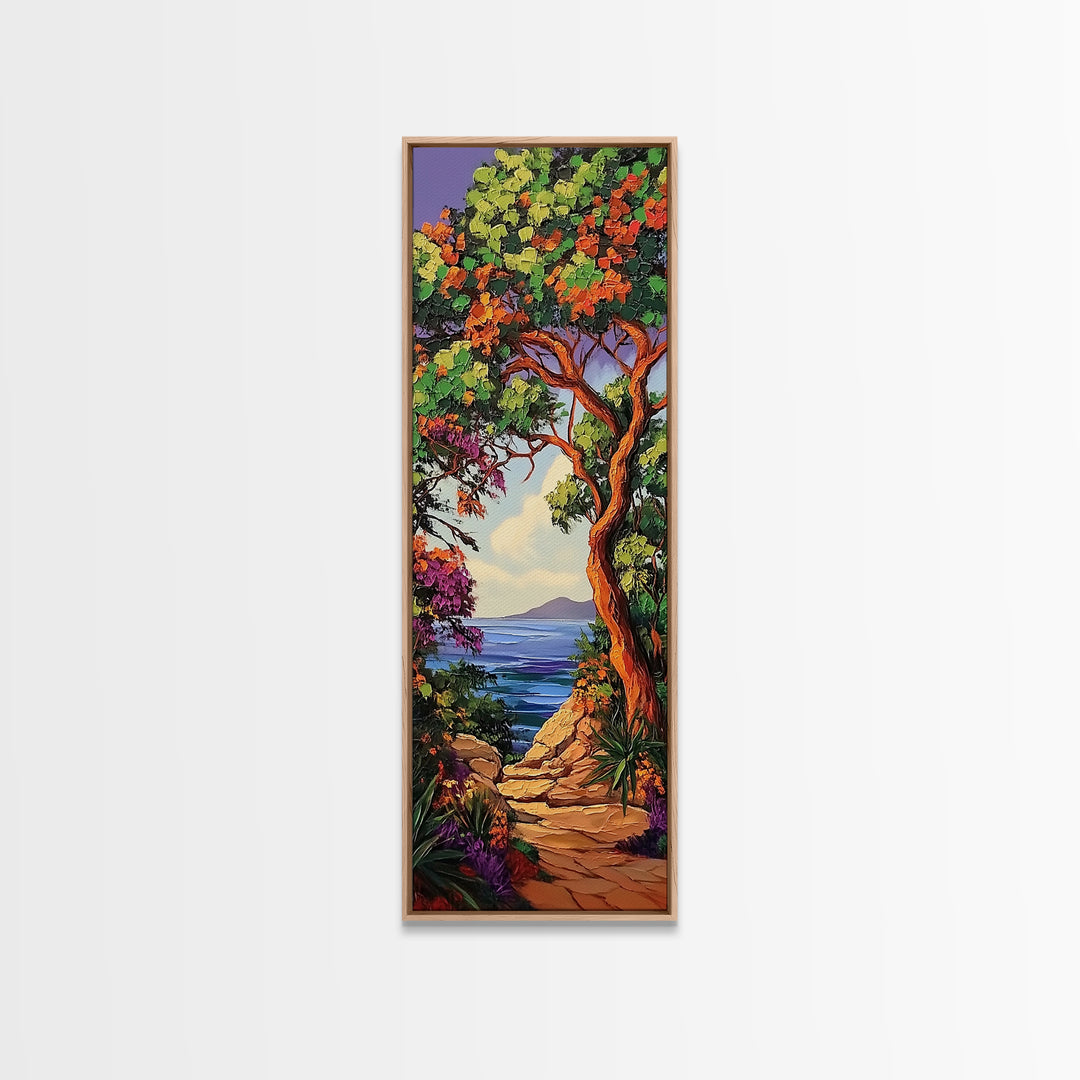 Coastal Trail,Trees,Escape — Framed Canvas Print, tropical coastal decor, beachside nature wall art, entryway or hallway boho painting