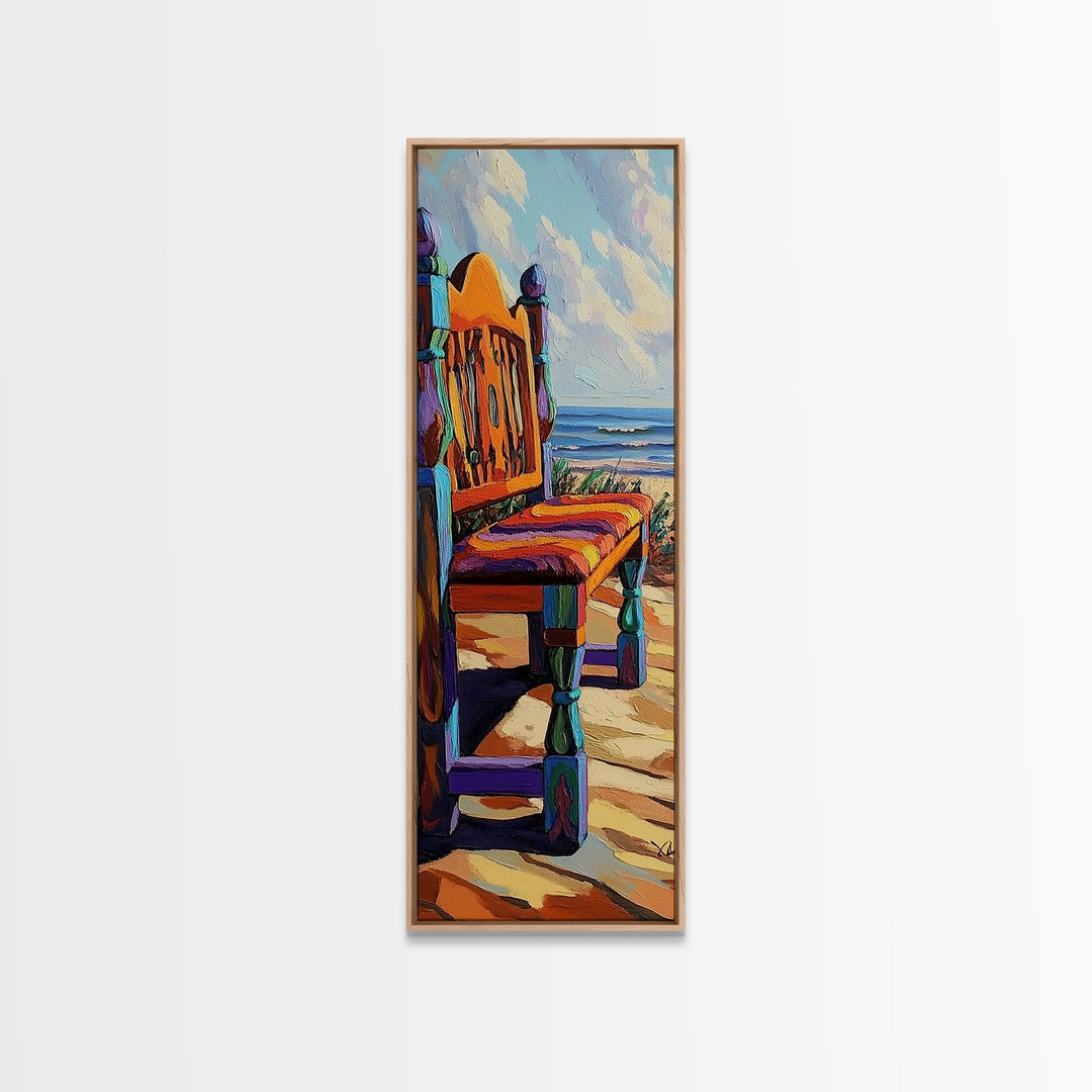 Ocean Chair, Beach View, Coastal Outdoor Scene, Framed Canvas Print, Seaside Patio Art, Tropical Boho Decor, Relaxing Vacation Vibes