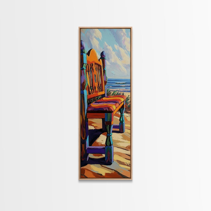 Ocean Chair, Beach View, Coastal Outdoor Scene, Framed Canvas Print, Seaside Patio Art, Tropical Boho Decor, Relaxing Vacation Vibes