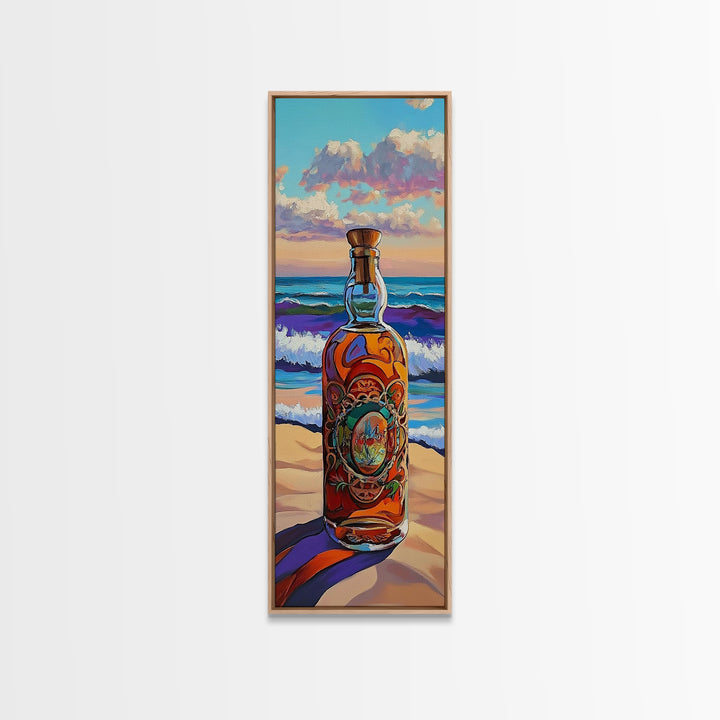 Ocean Bottle, Seaside, Reflections, Framed Canvas Print, Coastal Kitchen Decor, Nautical Wall Art, Beach House Art, Surreal Coastal Painting