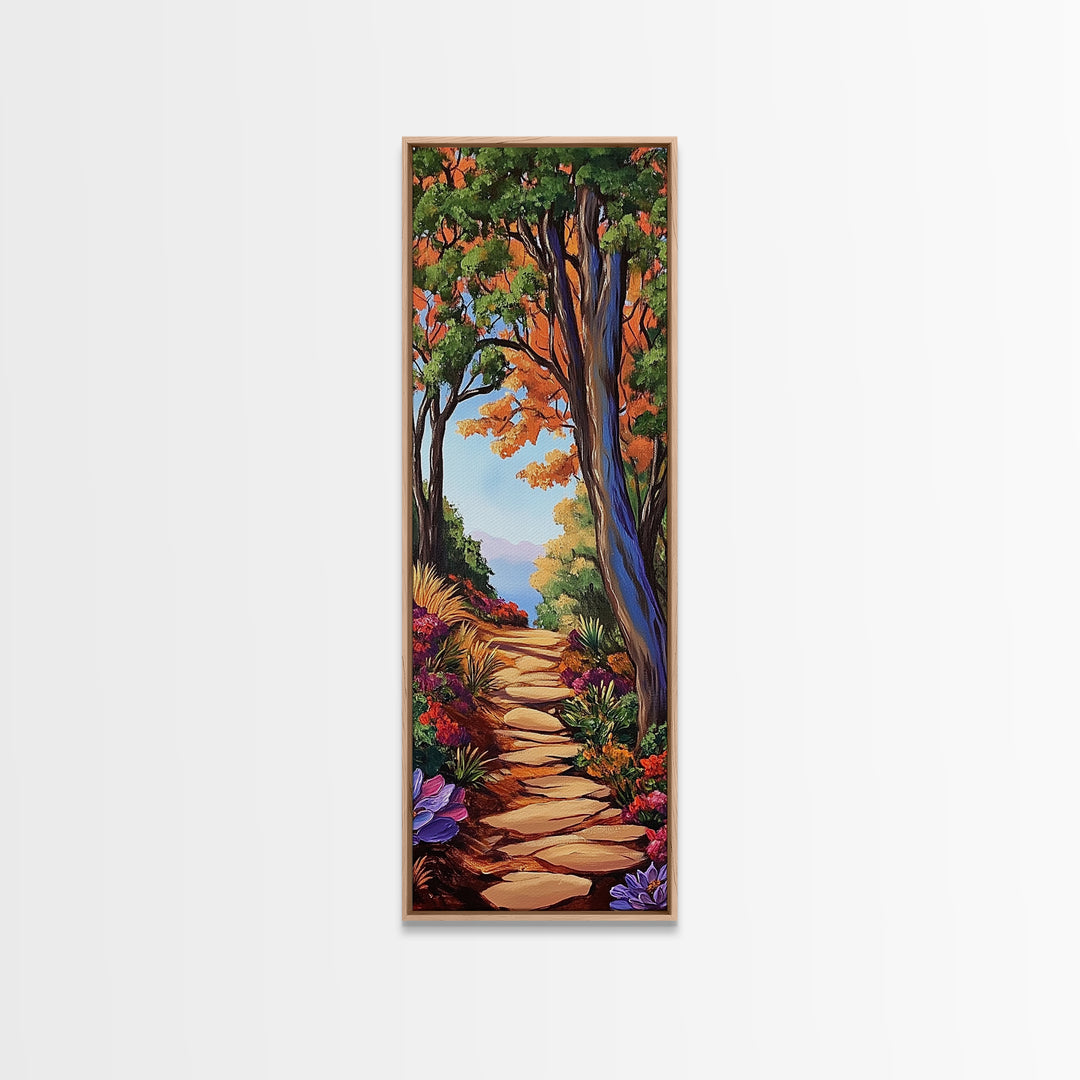 Autumn Pathway, Forest, Nature — Framed Canvas Print of scenic forest path with fall trees, cozy rustic living room wall decor, woodland art