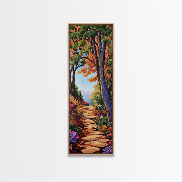 Autumn Pathway, Forest, Nature — Framed Canvas Print of scenic forest path with fall trees, cozy rustic living room wall decor, woodland art