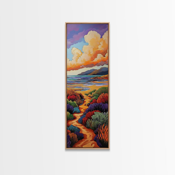 Beach Trail, Colorful Dunes, Seaside Nature, Framed Canvas Print, vibrant coastal landscape painting, tropical home wall art, bedroom art