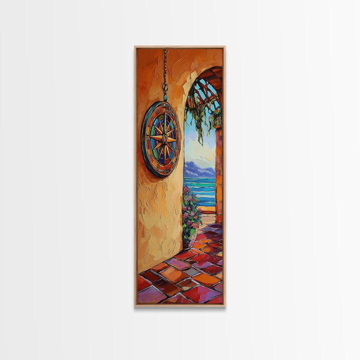 Coastal Compass, Archway View, Framed Canvas Print, Mediterranean boho home decor, nautical hallway wall art, vibrant beach escape