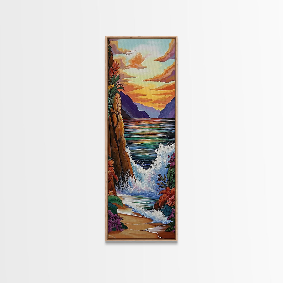 Coastal Sunset Waves Garden, Framed Canvas Print, Ocean beach sunset painting, floral wall decor, coastal fall home art, bohemian vibe