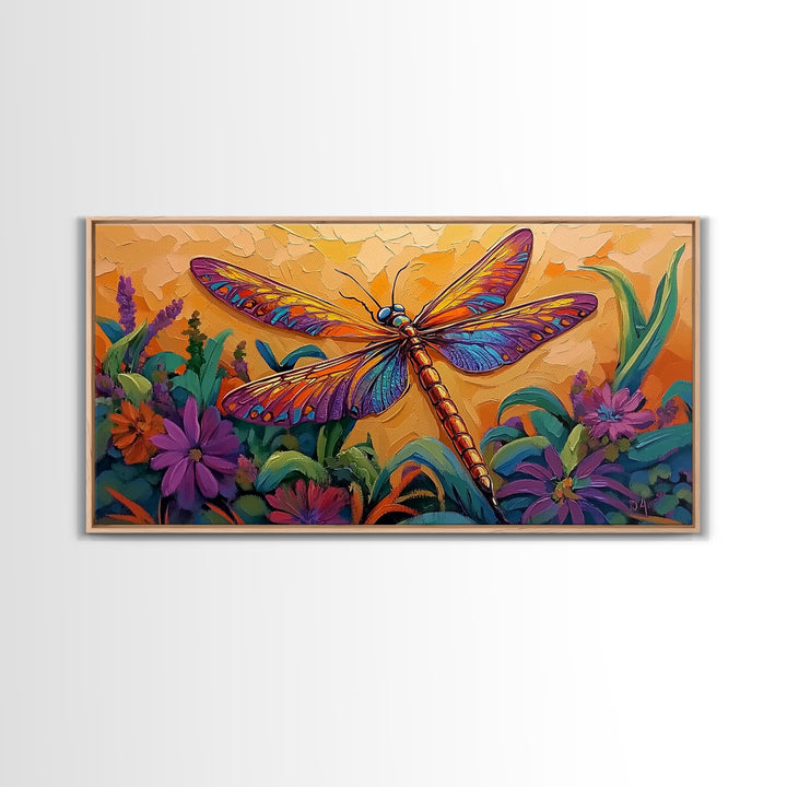 Dragonfly Garden, Sunset, Colorful Nature Canvas Print, Vibrant Insect Wall Decor, Boho Art Bedroom Accent, Summer Style