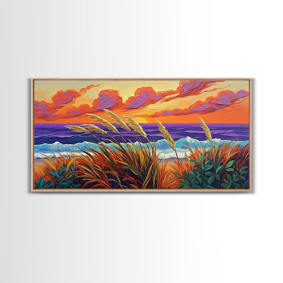 Ocean Sunset, Dunes, Seagrass, Canvas Print beach landscape wall decor, coastal art, vibrant sunset painting, tropical boho home decor