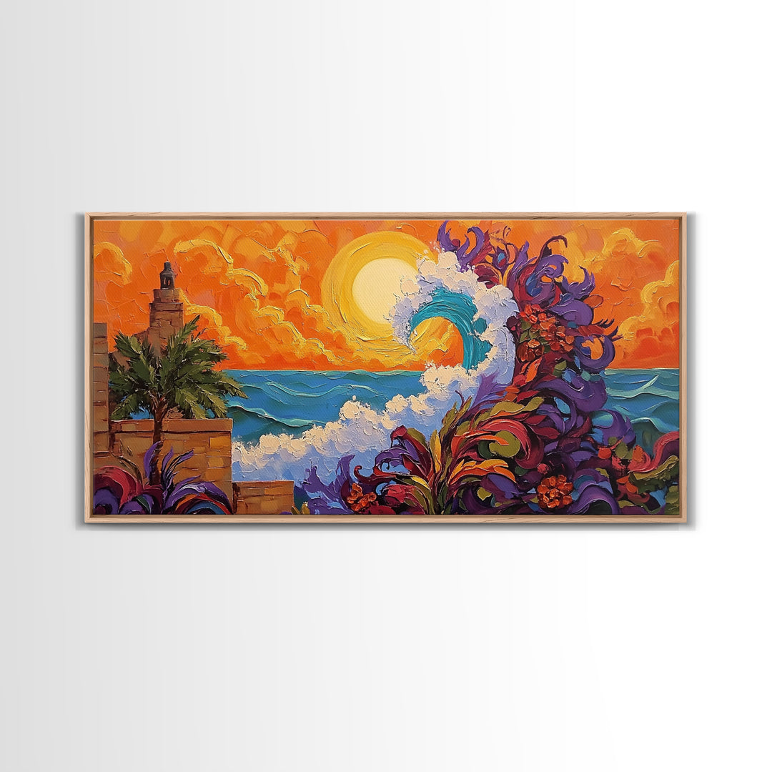 Ocean Wave, Sunset, Lighthouse, Framed Canvas Print vibrant coastal art, whimsical seascape painting, tropical decor, beach wall art