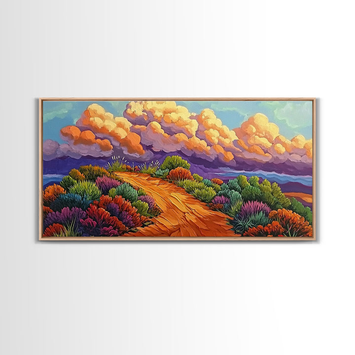 Autumn Trail, Clouds, Flowers, Canvas Print, fall mountain trail painting, landscape wall art, rustic cabin decor, hallway artwork
