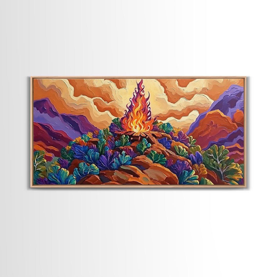 Campfire, Mountains, Glow, Vibrant campfire scene with colorful mountains and plants, Framed Canvas Print, rustic cabin wall art