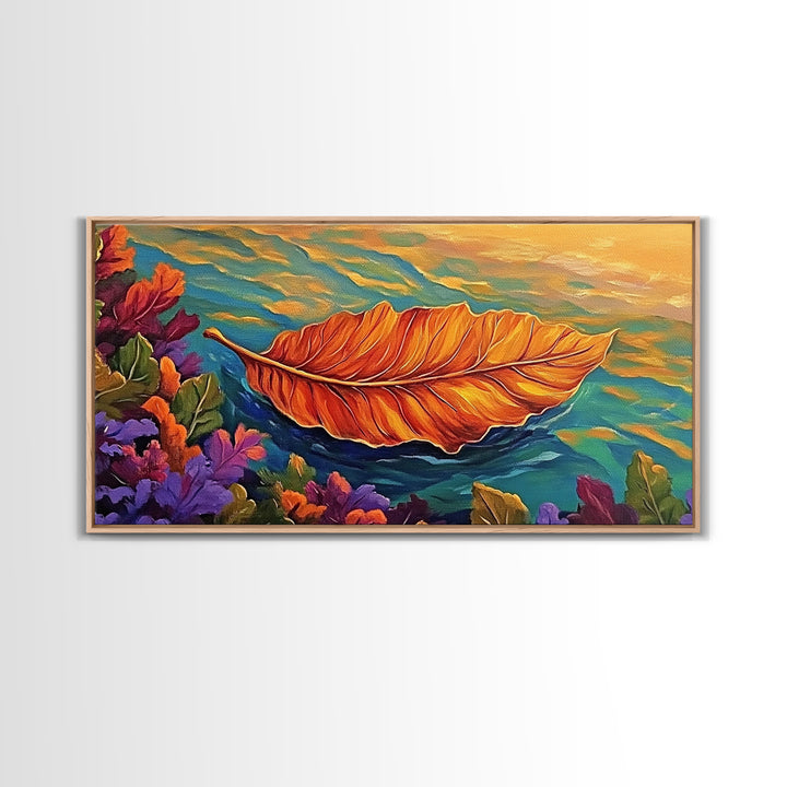 Leaf, Autumn, Floating, Nature, Framed Canvas Print, Fall themed leaf painting, cozy seasonal decor, rustic kitchen wall art