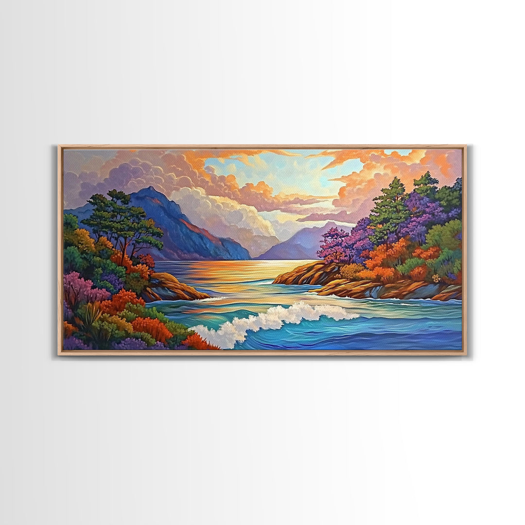 Ocean Sunset View, Vibrant Coastline, Mountain Landscape, Canvas Print, Living Room Wall Art, Colorful Seascape, Nature Painting