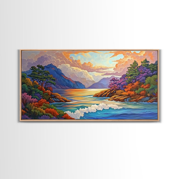 Ocean Sunset View, Vibrant Coastline, Mountain Landscape, Canvas Print, Living Room Wall Art, Colorful Seascape, Nature Painting