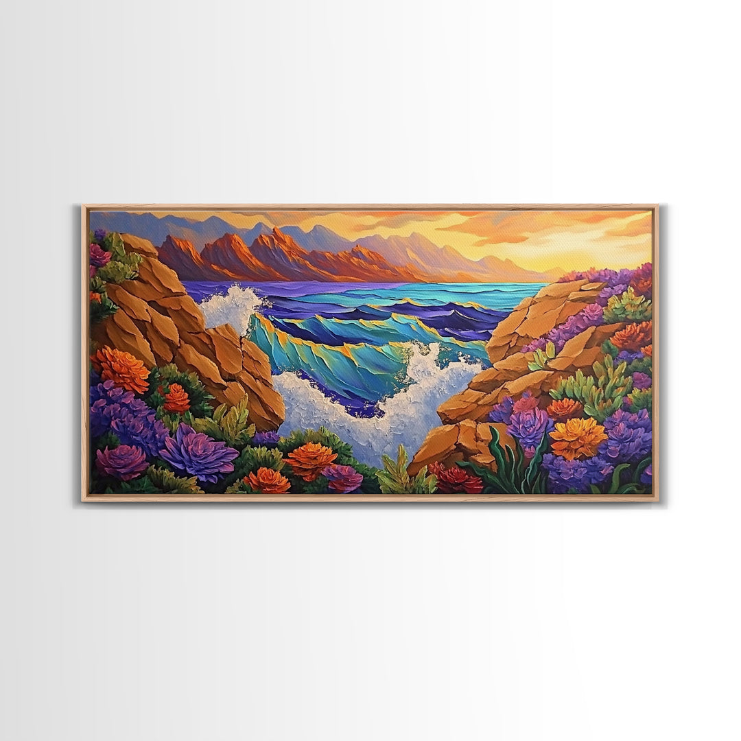 Ocean Cliff View, Crashing Waves Sunset, Bold Coastal Art, Framed Canvas Print, Nature Inspired Decor, Vibrant Seascape Painting