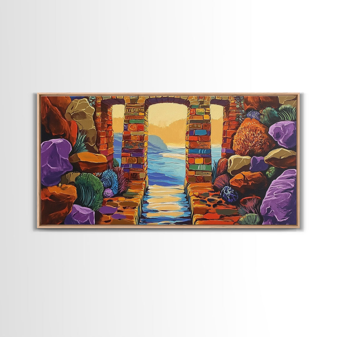 Ocean Doorway View, Colorful Stone Arch, Vibrant Seaside Escape, Canvas Print, Boho Coastal Wall Art, Mediterranean Dream Artwork