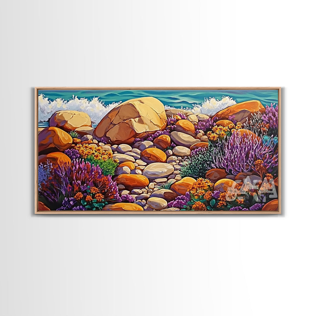 Coastal Garden, Rocks, Framed Canvas Print, Seaside nature landscape wall decor, Kitchen Wall Art, coastal art, vibrant summer vibe