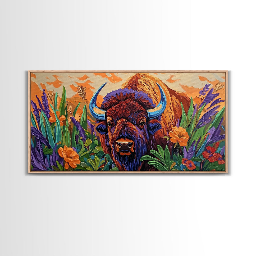 Buffalo Flowers, Bold, Canvas Print, Western bison face art, eclectic boho style, Living Room Wall Art, vibrant wildlife painting