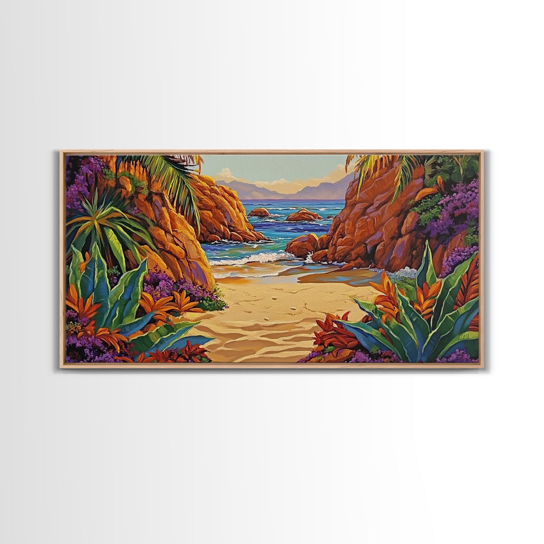 Cove Palms, Beach, Framed Canvas Print, Secluded tropical beach scene, Bedroom Wall Art, boho paradise vibes, coastal summer escape