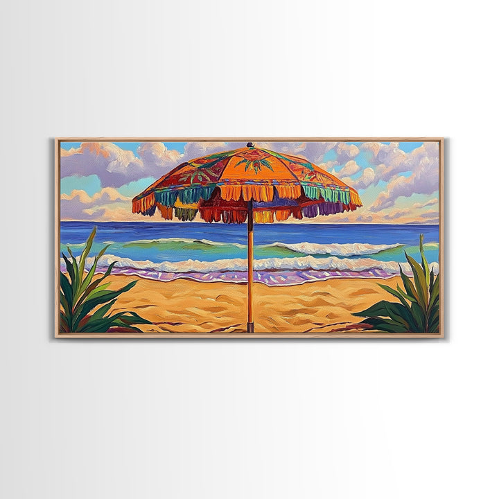 Umbrella Beach, Ocean, Framed Canvas Print, Colorful Beach Umbrella Painting, Retro Coastal Wall Decor, Summer Kitchen Art