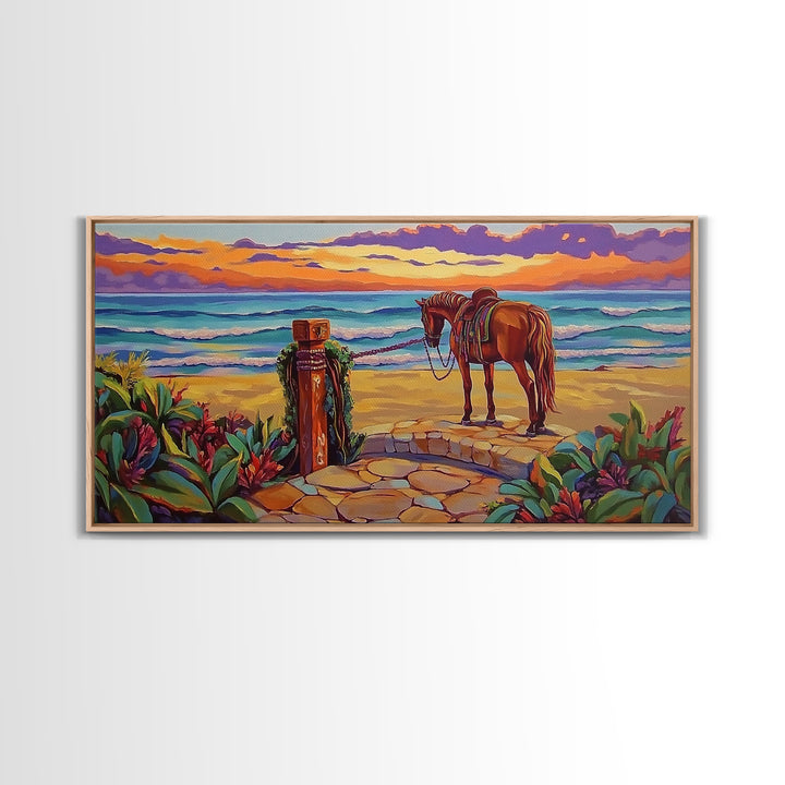 Horse Beach, Sunset, Western, Framed Canvas Print, Cowboy Art, Coastal Wall Decor, Rustic Boho Style, Entryway Statement Piece