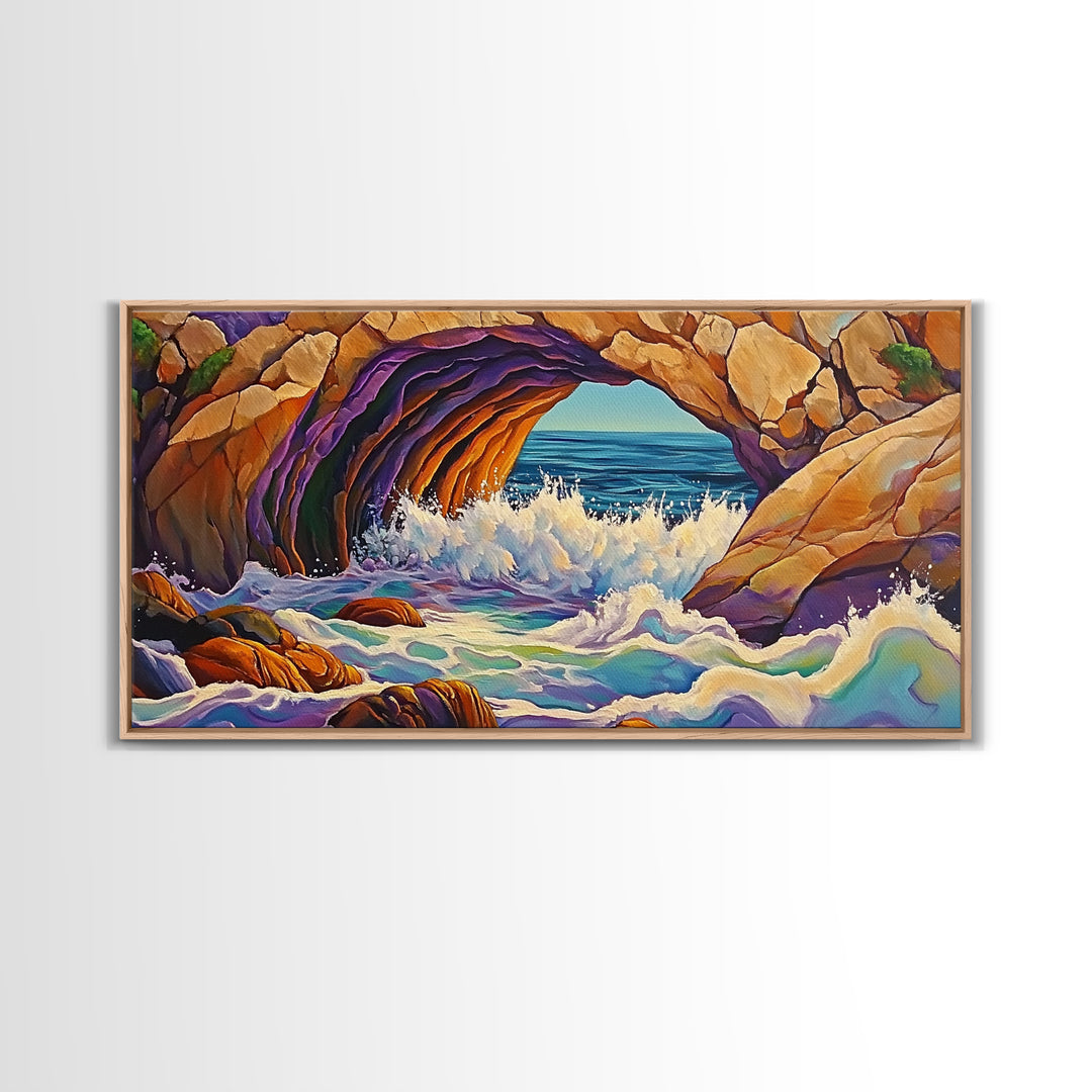 Cave Ocean, Wave, Cliff, Canvas Print, Coastal Nature Art, Bold Seaside Landscape Painting, Living Room Wall Decor, Nature Escape