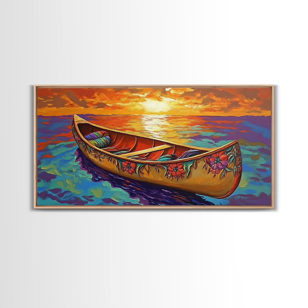 Canoe Sunset, Ocean, Solitude, Framed Canvas Print, Tranquil Beach Wall Art, Summer Decor, Nautical Painting, Living Room Accent